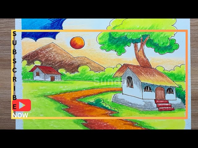 how to draw easy scenery drawing with oil pastel- landscape-village drawing step by step