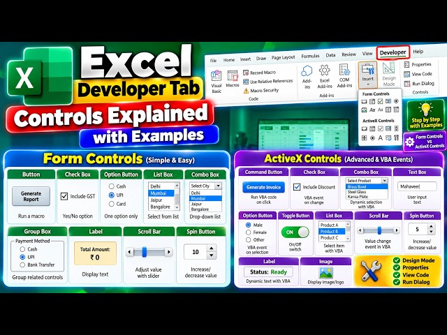 Excel Developer Tab Controls Explained | Form Controls & ActiveX Controls with Examples !!