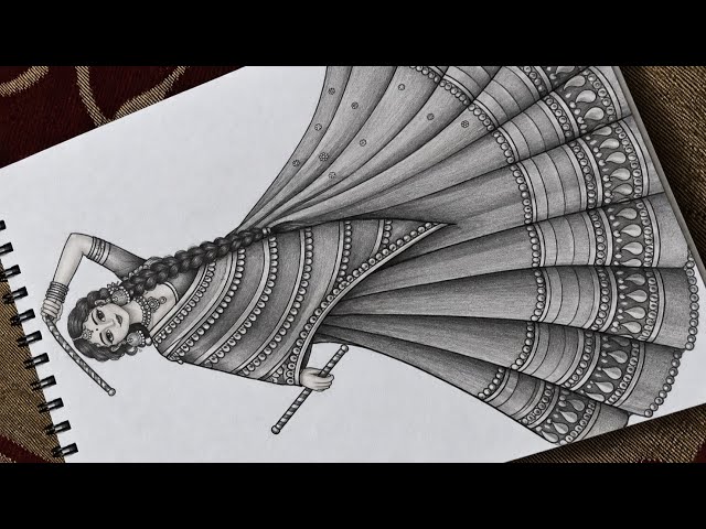 Beautiful Garba Girl Drawing | Easy Navratri Dandiya Girl Sketch | Step by Step Drawing