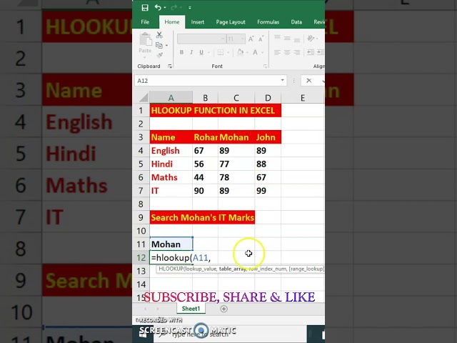 Hlookup in excel in hindi | excel tutorial | #shorts