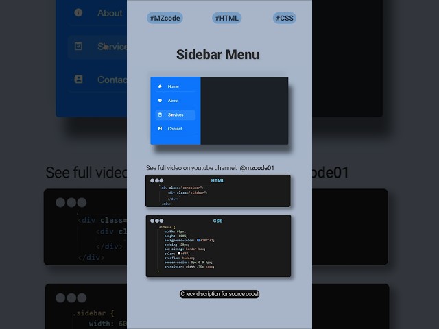 Modern Sidebar Menu CSS | Responsive & Animated Tutorial🔥 #css #coding #shorts #webdesign #cssshorts