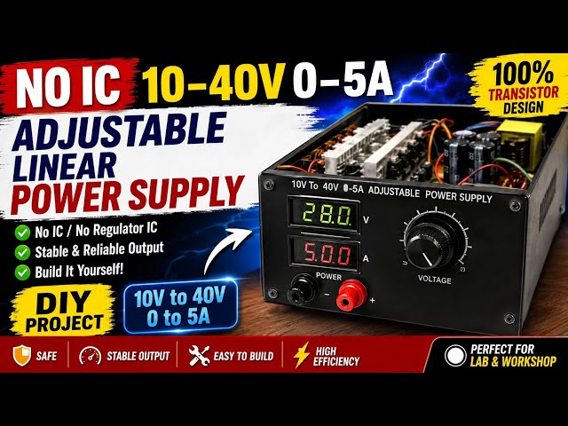 10–40V 0–5A Adjustable Power Supply Without IC | 100% Transistor Design | DIY Circuit