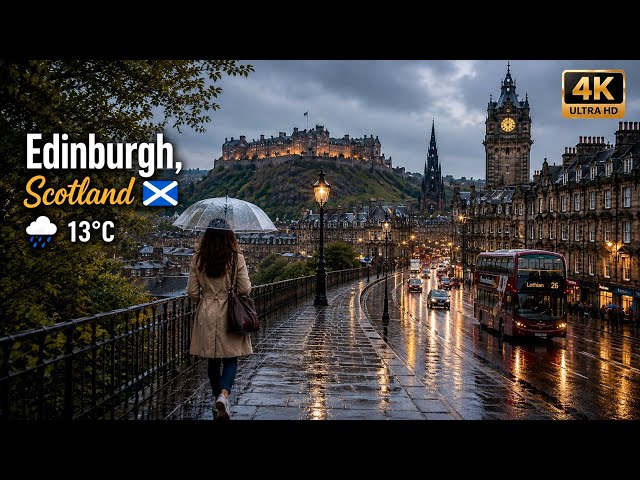 13°C in Edinburgh at 9:10 PM 🌧️ | The City Feels Magical in the Rain | Scotland Night Walking Tour. 