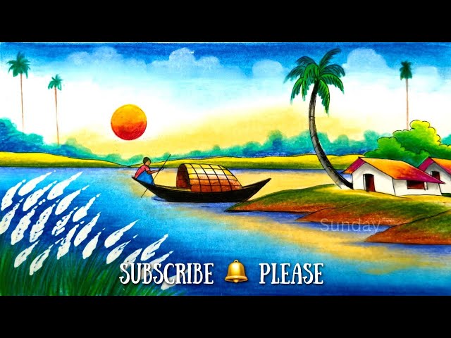 Autumn sunset village scene drawing/Autumn season scenery drawing/শরৎকালের দৃশ্য আঁকা ও রং করা