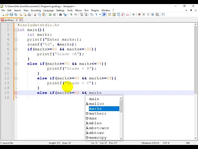 Student Marks Grading System in C Programming Language