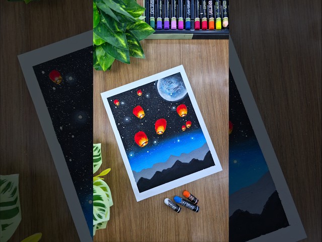🌌 Beautiful Sky Lantern Night Drawing 🌜 | Easy Oil Pastels Step-by-Step Tutorial | !!#shorts #art