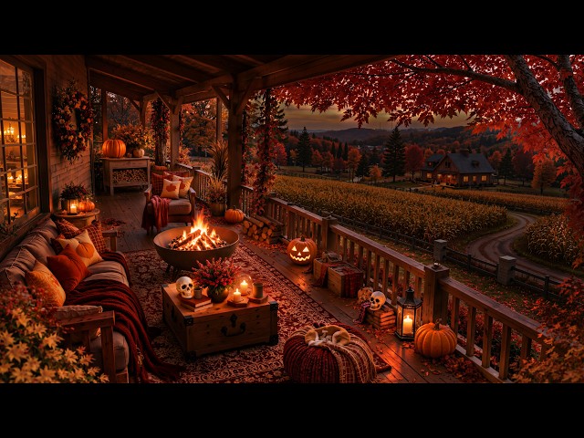 Fall Farm Porch Ambience 🎃 | Relaxing Jazz, Pumpkin Glow & Warm Fireplace at Night