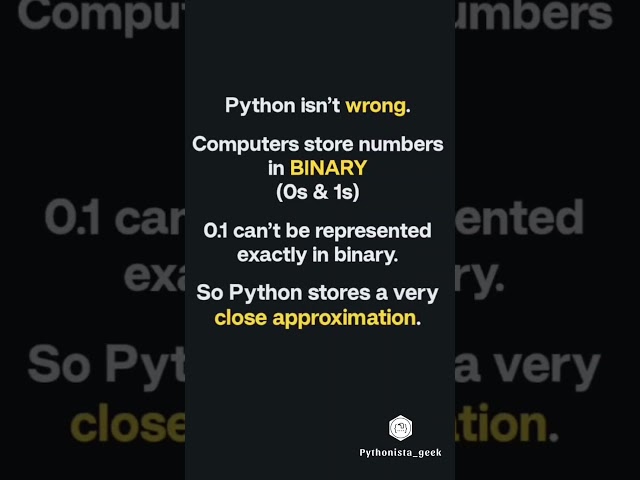 🐍 Python can't do math?! 😱Try this:0.1 + 0.2You expect 👉 0.3Python says 👉 0.30000000000000004