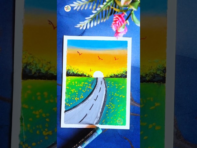 Beautiful Sunset Road Landscape Drawing 🌅 | Easy Scenery Art #Shorts