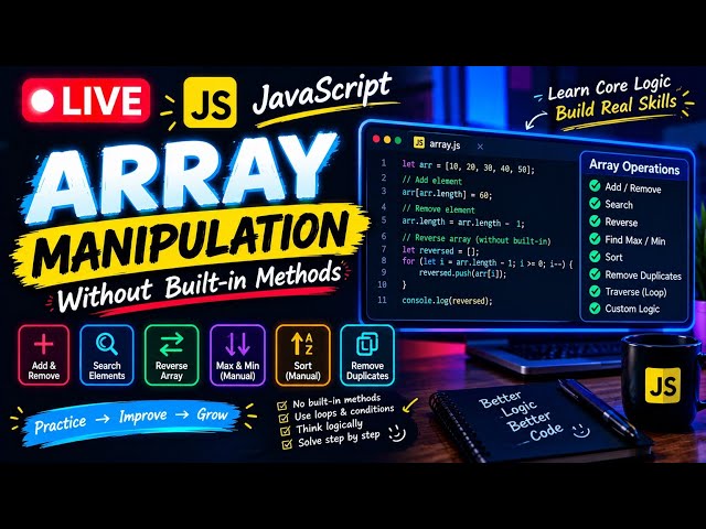 🔴 LIVE | JavaScript Array Manipulation 🚀 | Without Built-in Methods | Logic Building