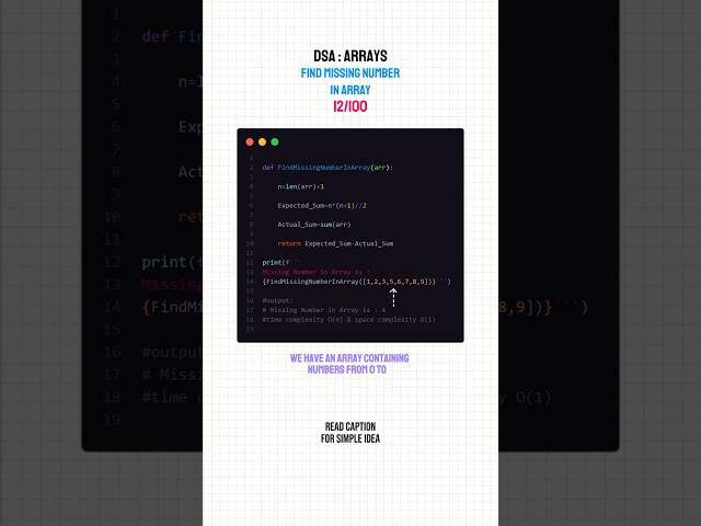 DSA Day 12/100 | Find Missing Number Using Sum Formula | Python. #dsa #coding #python #students