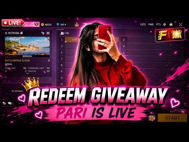 FREE FIRE LIVE GIVEAWAY CUSTOM ROOM 😍| FF LIVE REDEEM CODE GIVEAWAY WITH CUTE GIRL #GIVEAWAY #FF
