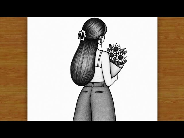 Easy Girl Backside Drawing 👧with flowers | Girl drawing Easy | Aesthetic Drawing | Pencil sketch 
