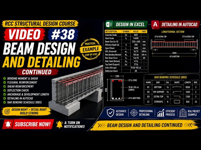 RCC Structural Design #38 | Beam Design and Detailing Continued – Excel & AutoCAD | BS 8110
