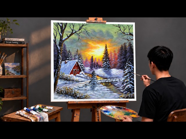 2 HOURS Step by Step Acrylic Painting | Cozy Winter Cabin in a Snowy Forest