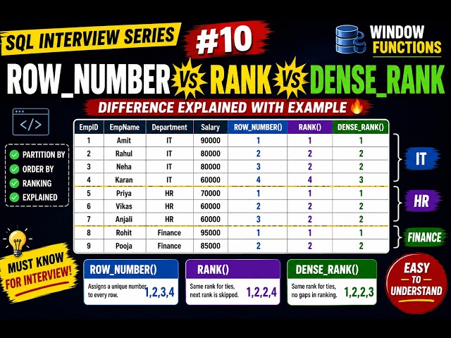 ROW_NUMBER vs RANK vs DENSE_RANK in SQL | SQL Window Functions Explained | SQL Interview Question