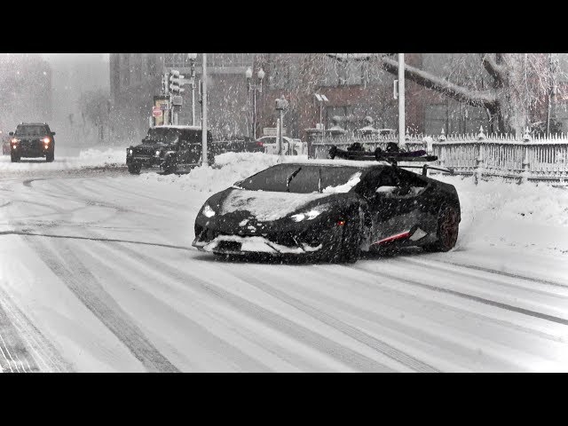 Huracan Performante Drifting in Snow Storm - Snowboarding Behind The Lambo!
