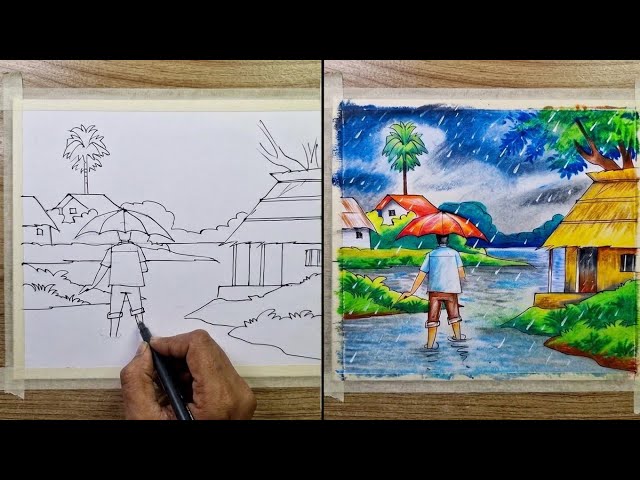 Rainy Day Village Scenery Drawing Pastels & color pencil | Step by Step/village scene drawing art