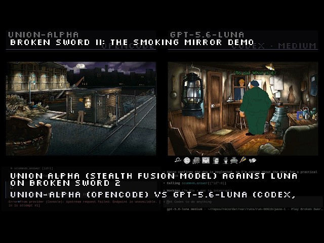 Union Alpha (stealth fusion model) vs GPT 5.6 Luna on Broken Swords 2: Latest GLM models were better
