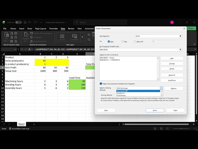 Ch06 11 MILP   Fixed Cost Problem   Excel Model