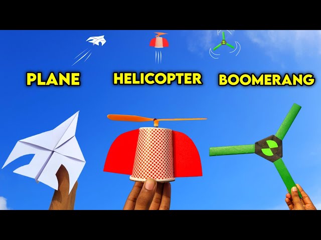 3 Best flying toy , How to make rubberband and paper cup helicopter , paper boomerang , paper plane