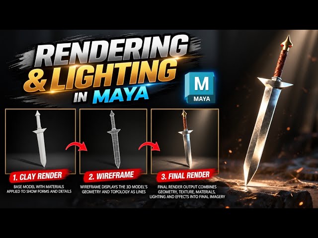Sword 3D Modeling & Rendering in Maya | Clay, Wireframe & Final Render #maya 