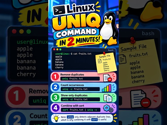 Linux UNIQ Command in 2 Minutes! | Remove Duplicates  #linuxcommands #linux #linuxtutorial #jin
