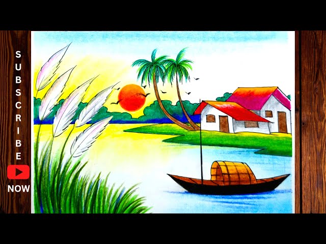 Riverside autumn sunset village scene drawing/শরৎকালের দৃশ্য ড্রয়িং/Autumn scenery drawing