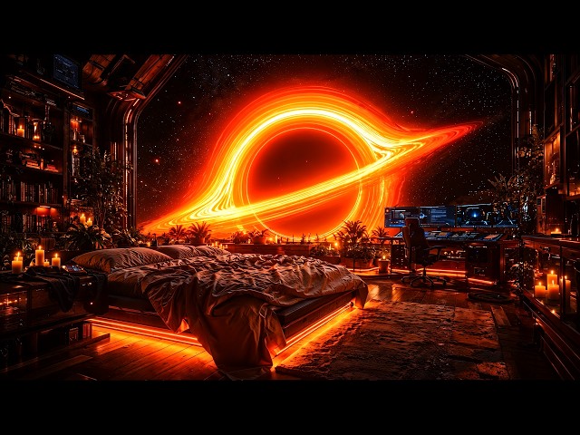 Sleeping by a Fiery Black Hole 24/7 LIVE | Cozy Spaceship Bedroom | Space Ambience