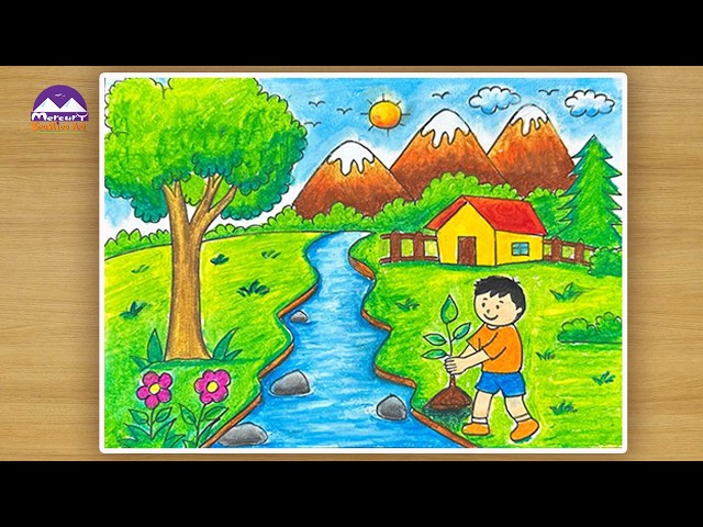Easy Scenery Drawing for Beginners | Save Environment Nature Drawing Tutorial
