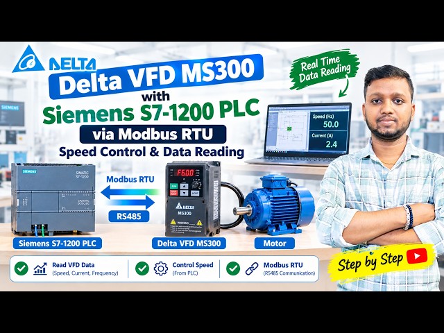 Delta VFD MS300 with Siemens S7-1200 PLC via Modbus RTU | Speed Control & Data Reading