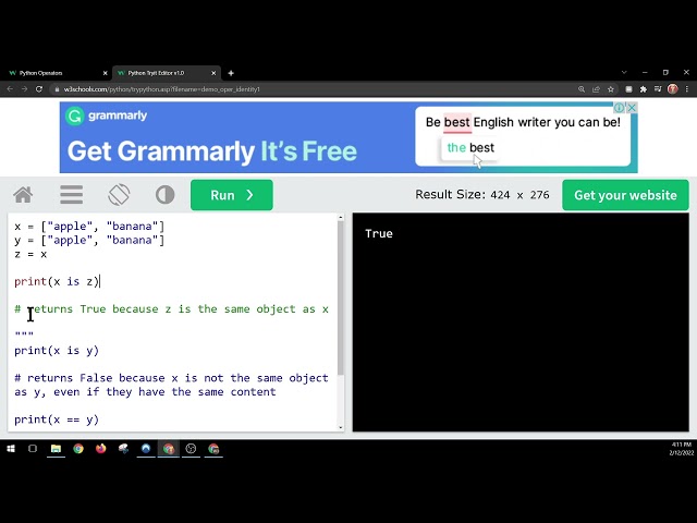 W3schools Python - Identity Operators