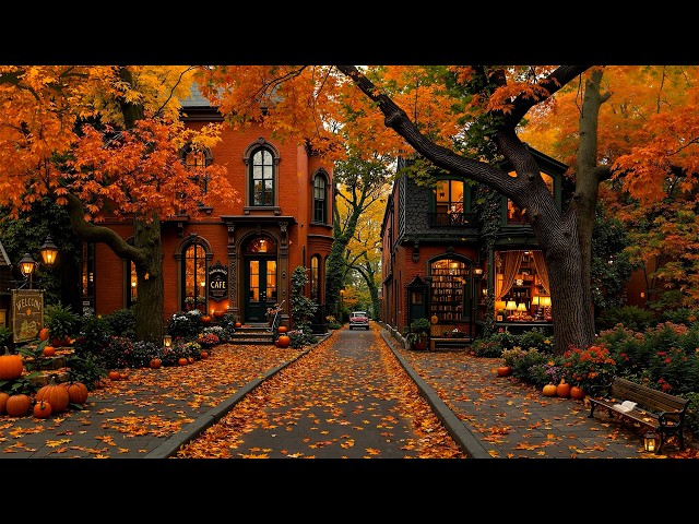 Hidden Library on a Quiet Autumn Street 🍂 Warm Jazz ,Falling Leaves & Pumpkins for Gentle Reflection