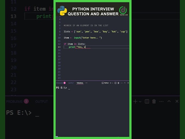 Python Interview Question #6 🐍 | Check if Element Exists in List | Python interview topics | #python