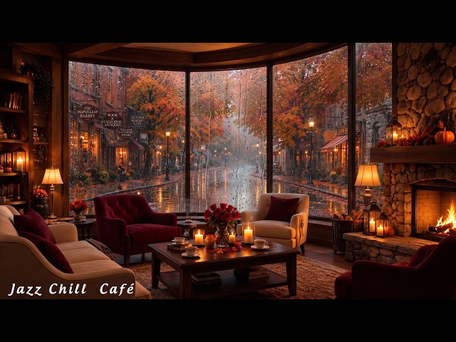 (NO MID-ROLL ADS) Cozy Café on a Rainy Autumn Day 🌧️ Smooth Jazz & Warm Fireplace Ambience
