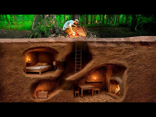 Building a Secret  Dugout Between Two Oak Trees. Bushcraft, Survival Shelter