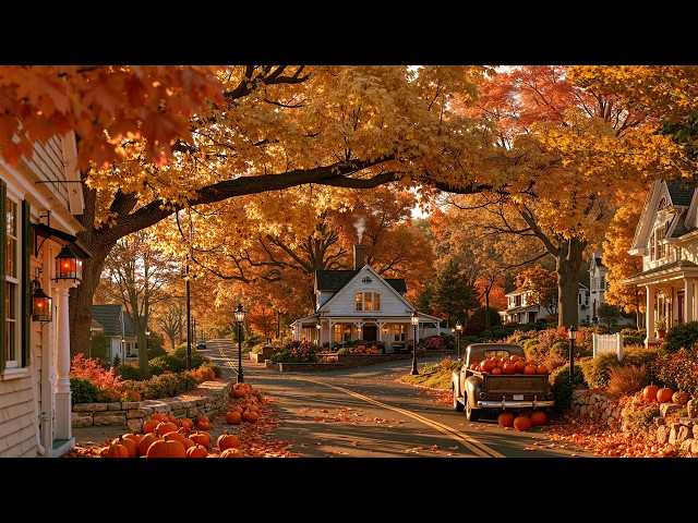 Start Your Day Calm 🍂 Autumn Morning Jazz in a New England Village with Pumpkins & Falling Leaves ☕