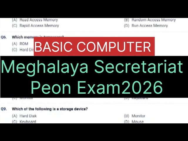 Meghalaya Secretariat Peon Exam 2026 Preparation |  Basic Computer MCQs | 50 Important Computer MCQs