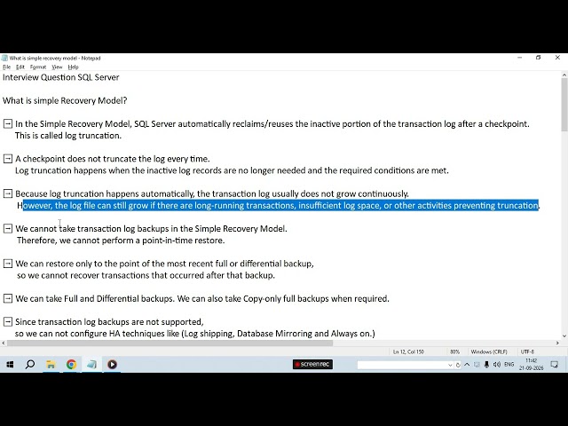 What is Simple Recovery Model in SQL SERVER?