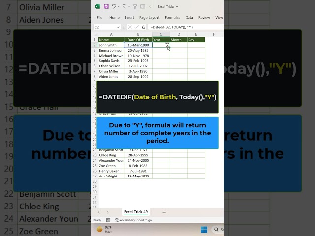 Excel Trick 49 - Quick Way to Calculate Age In MS Excel #exceltricks #shorts
