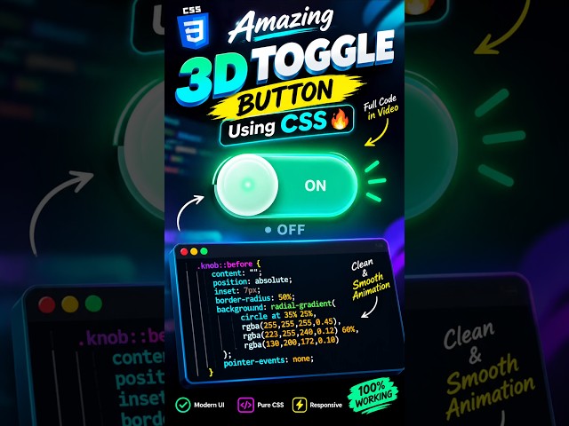 #coding #css Premium 3D Toggle Switch Using HTML CSS & JavaScript 🔥 |#developer #learncoding #design