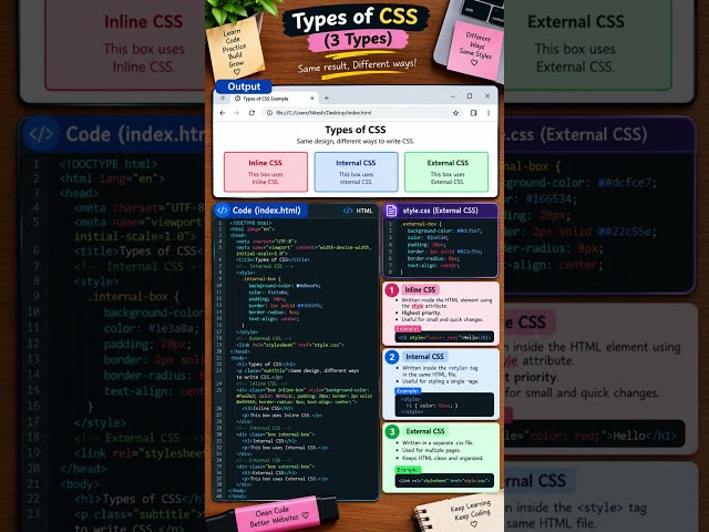 3Types of CSS Explained: Inline, Internal & External |Part 16 #css #html #coding #shorts #education