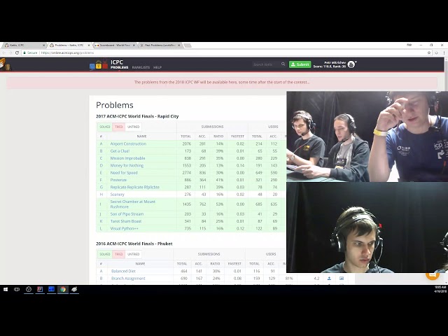 ICPC 2018 World Finals stream with tourist and Endagorion