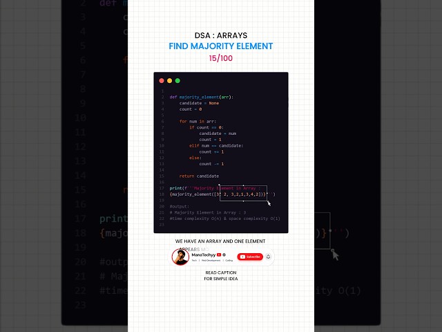 Majority Element in an Array | Boyer-Moore Voting Algorithm | Python DSA. #dsa #coding #python #code