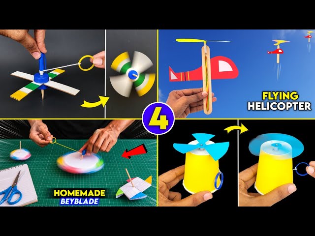 4 best paper toy you must try to make at home , paper beyblade , homemade spinner ,flying helicopter