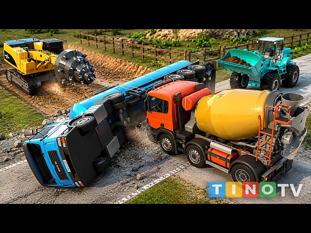Oil Tanker & Cement Truck Crash! 🚧 Construction Trucks Build Amazing Underpass Simulation