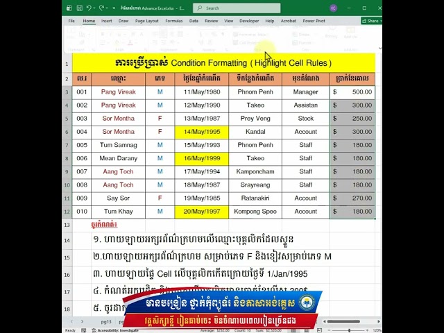 រៀនចាក់ហាយឡាយលើទិន្នន័យតាមការកំណត់របស់យើងតាម Condition Formatting Highlight Cells Rules!