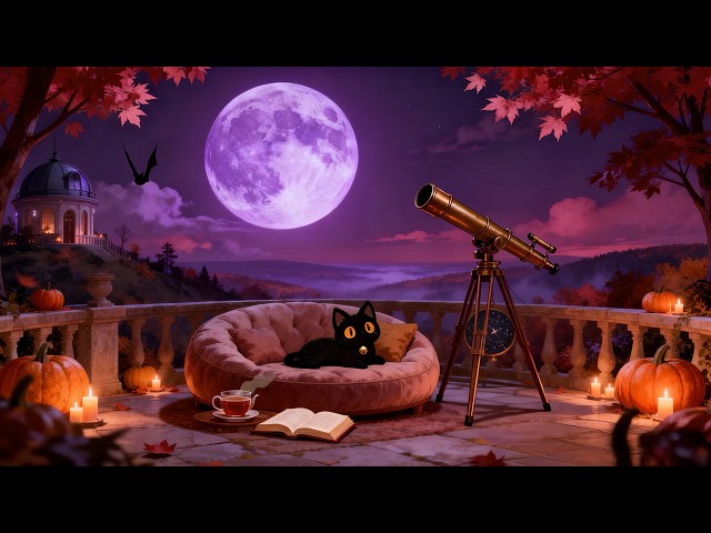 Moonlit Autumn Balcony 🍂 Lofi Cat | Chill Lofi Beats [Stargazing View & Warm Candle Glow]