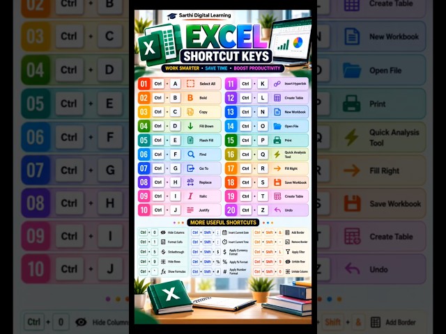 20 Excel Shortcuts You MUST Know! ⚡ | Save Time & Work Faster #Shorts