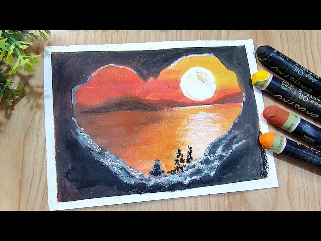 Easy love cave sunset scenery drawing with oil pastel colours very simple #art#scenery #drawing 🌈✨🌄